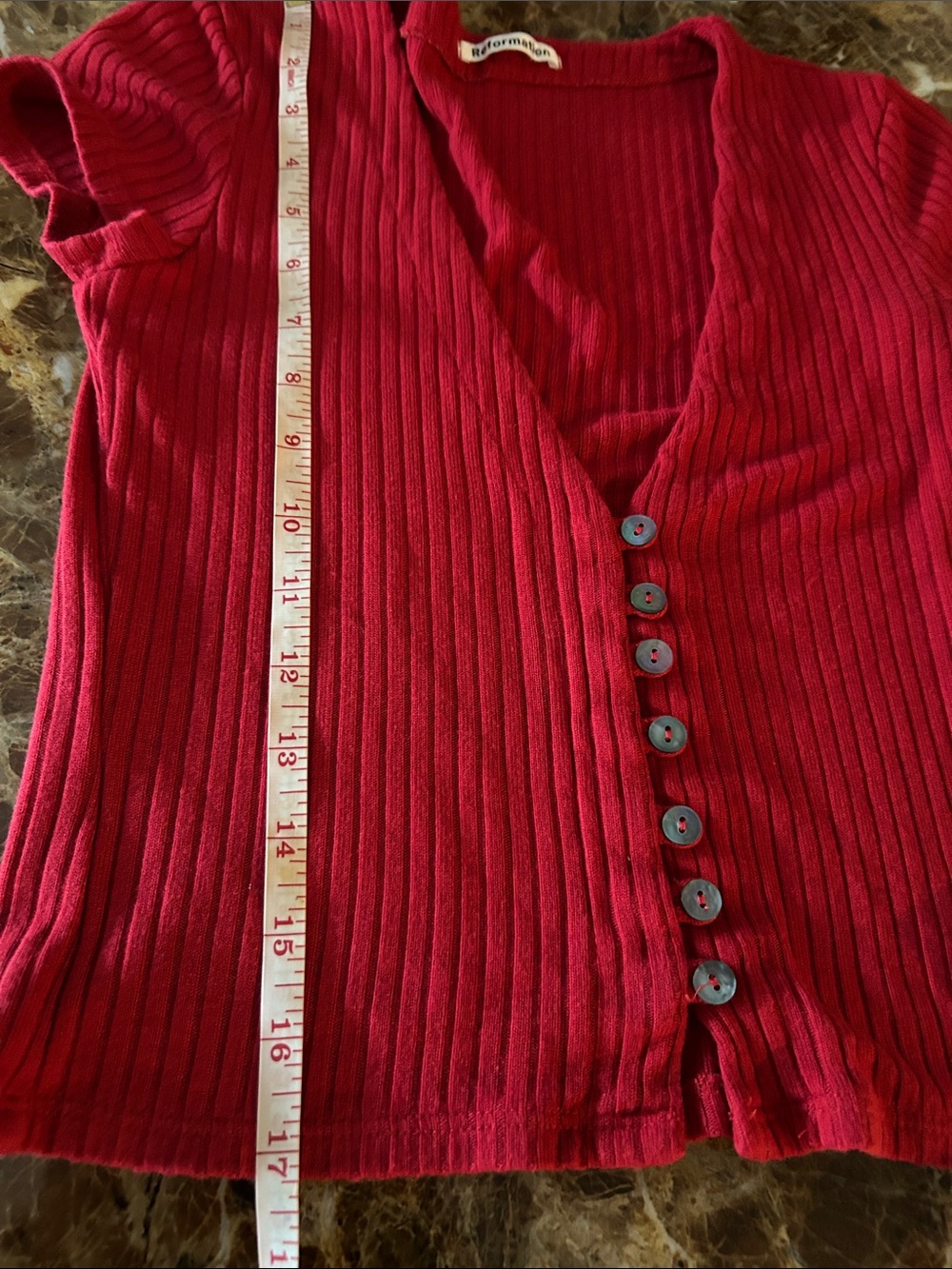 Reformation Red Ribbed V-Neck Button Crop Top - Picture 5 of 5